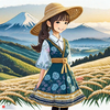 里山の風景に立つ少女