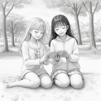 木々のなかで本を読む女の子のぬりえ