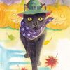 水彩画　黒猫