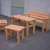 ガーデンテーブル、背付きベンチ、背無しベンチ（２分割型）３点セット、人数に合わせて利用可