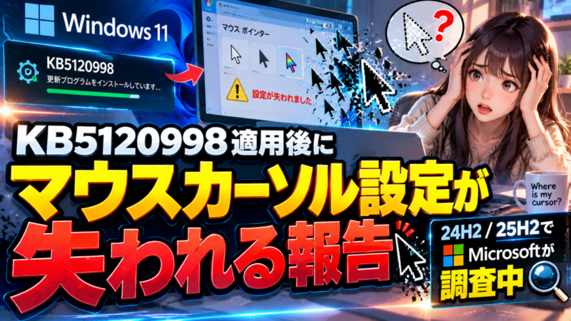 Windows 11のKB5120998適用後にマウスカーソル設定が失われる報告、24H2/25H2でMicrosoftが調査中