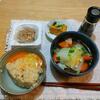 納豆卵かけごはん。厚揚げ。野菜スープ。