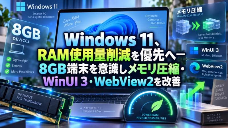 Windows 11、RAM使用量削減を優先へ―8GB端末を意識しメモリ圧縮・WinUI 3・WebView2を改善