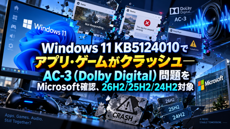 Windows 11 KB5124010でアプリ・ゲームがクラッシュ―AC-3（Dolby Digital）問題をMicrosoft確認、26H2/25H2/24H2対象