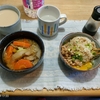 納豆卵かけごはん。野菜味噌汁５日目。