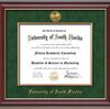 University of South Florida Diploma Frame - Cherry Lacquer - w/24k Gold-Plated Medallion & Fillet - w/USF Name Embossing - Green Suede mat