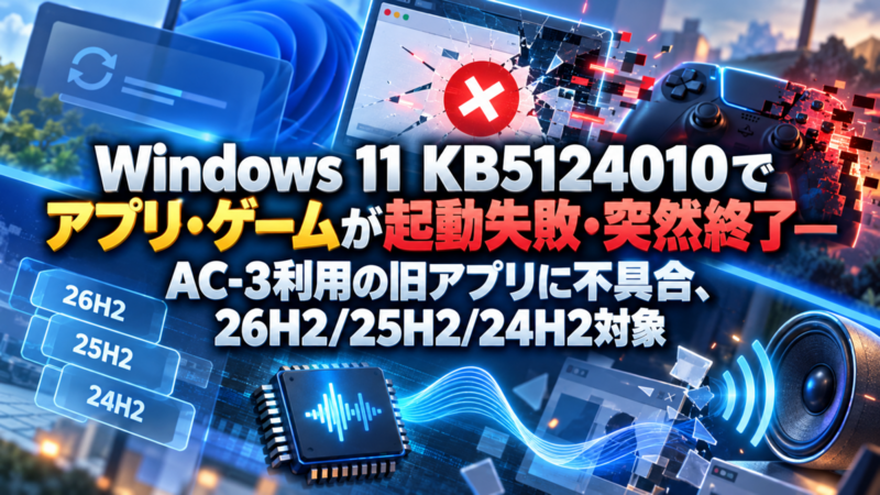 Windows 11 KB5124010でアプリ・ゲームが起動失敗・突然終了―AC-3利用の旧アプリに不具合、26H2/25H2/24H2対象