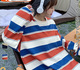 Tシャツ プルオーバー ボーダー柄 トリコロール 太ボーダー リブ ドロップショルダー 長袖 レディース トップス