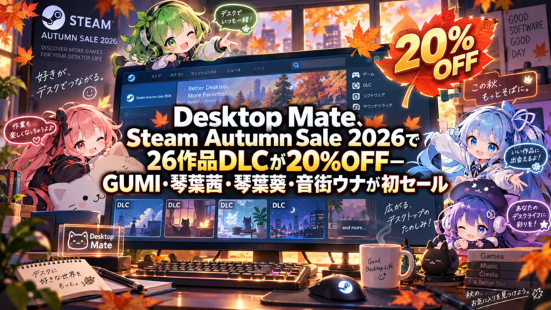 Desktop Mate、Steam Autumn Sale 2026で26作品DLCが20%OFF―GUMI・琴葉茜・琴葉葵・音街ウナが初セール
