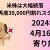 【24/4/16】米株は序盤の上げを維持できず大幅続落　日経は再度39,000円割れスタートか