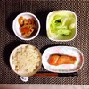 Tai meshi, Grilled salmon, Renkon kinpira, Salad.