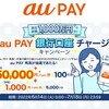 au Pay残高へ3万円以上のチャージで1000円分のau Pay残高が5000名に当たります