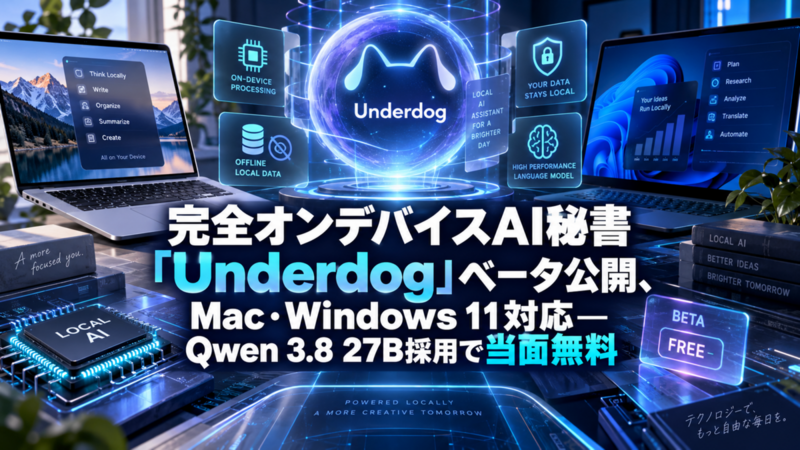 完全オンデバイスAI秘書「Underdog」ベータ公開、Mac・Windows 11対応―Qwen 3.8 27B採用で当面無料