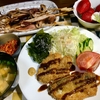 昼食「チーズトマトトーストと肉のランチ」夕食「アジフライ」「ヒレカツ」「イカ甘辛串焼き」