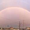 帰省途中で発見！！！とてもきれいな、2重にできた虹と夕日照らされる道沿い