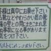 お子様は真中にお乗せ下さい　ゴム靴などやわらかい底の靴は端の壁との間にまきこまれ思わぬ事故になる事があります．お気をつけ下さい。ベルトにおつかまり下さい。