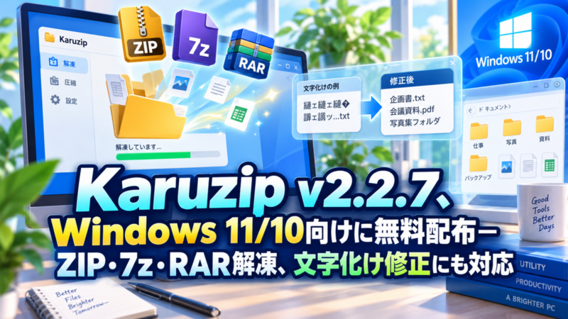 Karuzip v2.2.7、Windows 11/10向けに無料配布―ZIP・7z・RAR解凍、文字化け修正にも対応