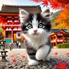 紅葉と神社を巡る子猫