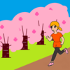 桜並木をジョギングする女子のイラスト