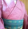 プチプチ紬に半幅帯で変わり結び　桜カラーでおうち着物