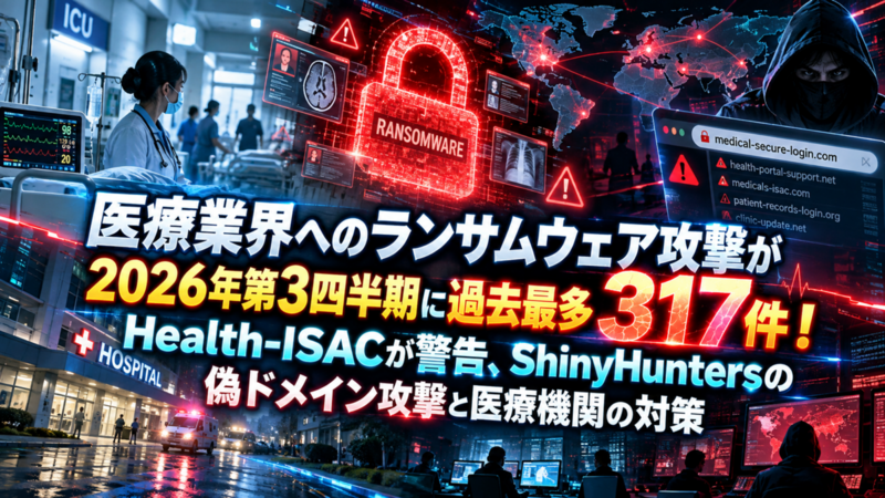 医療業界へのランサムウェア攻撃が2026年第3四半期に過去最多317件！Health-ISACが警告、ShinyHuntersの偽ドメイン攻撃と医療機関の対策