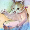 水彩画「Cats 001 - Djembe player」