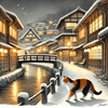 雪夜の街と三毛猫
