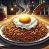 大盛のカップ焼きそばに目玉焼きをのっけて食べる