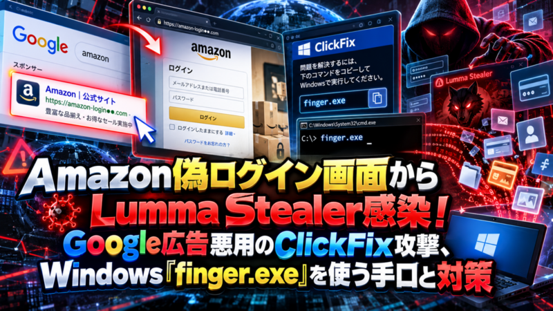 Amazon偽ログイン画面からLumma Stealer感染！Google広告悪用のClickFix攻撃、Windows「finger.exe」を使う手口と対策