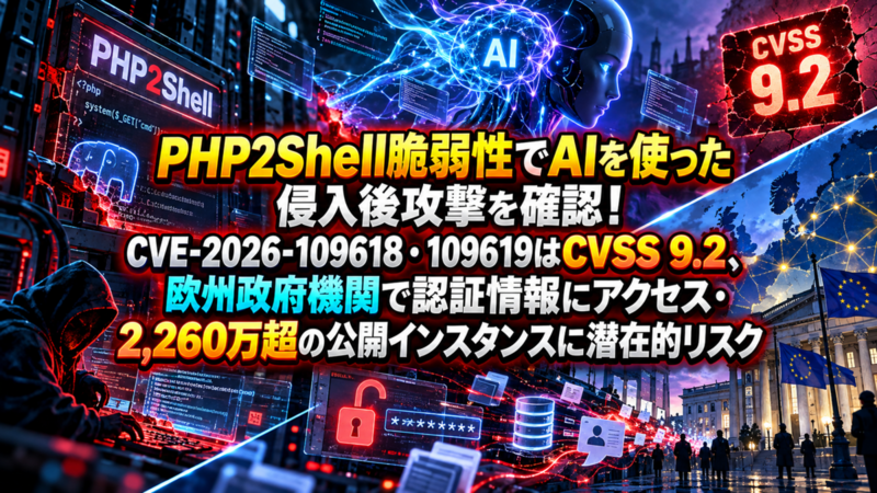 PHP2Shell脆弱性でAIを使った侵入後攻撃を確認！CVE-2026-109618・109619はCVSS 9.2、欧州政府機関で認証情報にアクセス・2,260万超の公開インスタンスに潜在的リスク