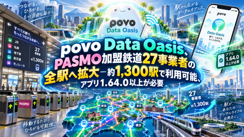 povo Data Oasis、PASMO加盟鉄道27事業者の全駅へ拡大―約1,300駅で利用可能、アプリ1.64.0以上が必要