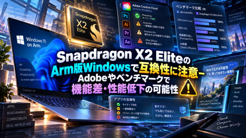 Snapdragon X2 EliteのArm版Windowsで互換性に注意―Adobeやベンチマークで機能差・性能低下の可能性