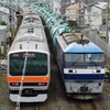 貨物列車と電車の行き違いシーン