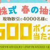 【楽天証券】国内株式で手数料発生の現物取引を行うと抽選で500ポイントが当たる。