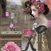 ハサミとピンクの花の女性と落ちてくるカード