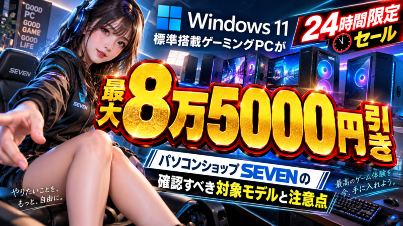 Windows 11標準搭載ゲーミングPCが最大8万5000円引き、パソコンショップSEVENの24時間限定セールで確認すべき対象モデルと注意点
