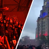 Implies escalating "Liverpool" fans shoot fireworks at the building until the fire