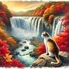 紅葉と水しぶきの中で佇む旅猫【2画】
