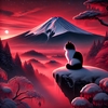 紅の富士を見つめる猫