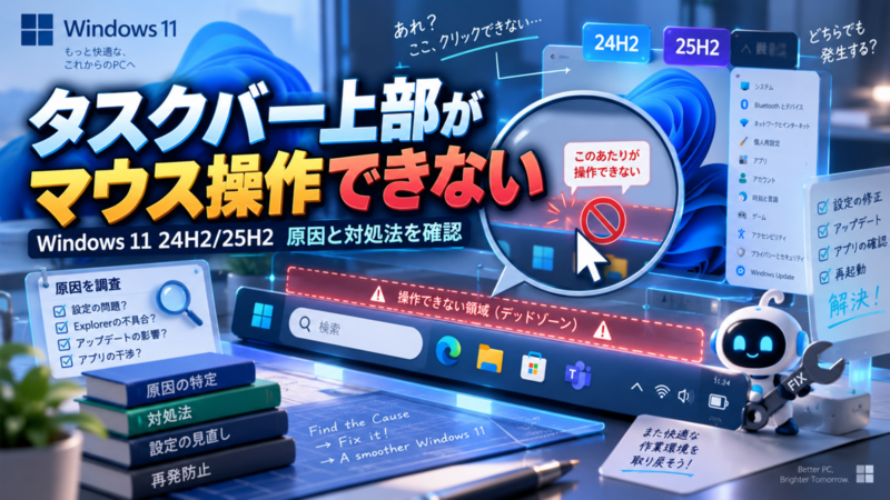 Windows 11 24H2/25H2でタスクバー上部がマウス操作できない問題、原因と対処法を確認