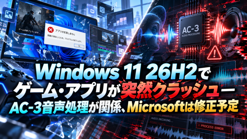 Windows 11 26H2でゲーム・アプリが突然クラッシュ―AC-3音声処理が関係、Microsoftは修正予定
