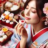 和菓子を食べる着物姿の美しい女性 Photo by DALL.E