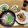 鯛の潮汁：レンコンの炒め物：ポテトサラダ：もずくの酢の物