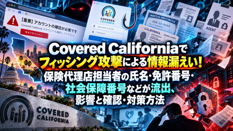 Covered Californiaでフィッシング攻撃による情報漏えい！保険代理店担当者の氏名・免許番号・社会保障番号などが流出、影響と確認・対策方法