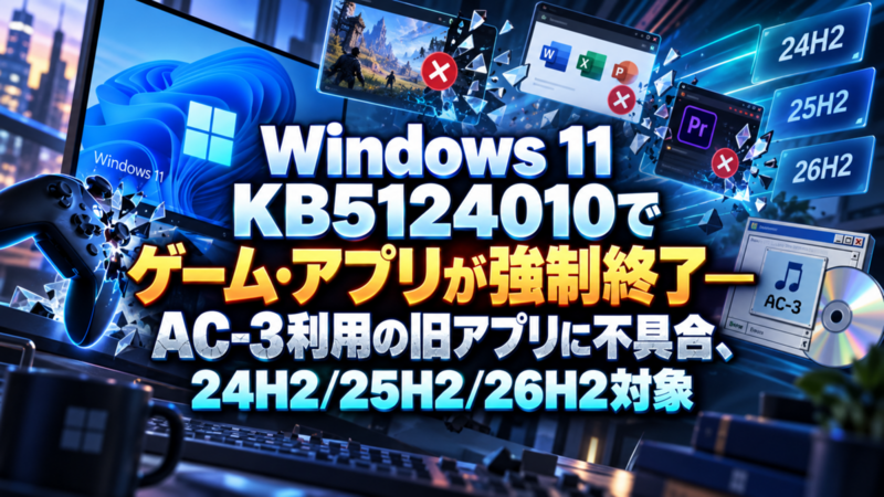 Windows 11 KB5124010でゲーム・アプリが強制終了―AC-3利用の旧アプリに不具合、24H2/25H2/26H2対象