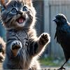 大群のカラスに襲われ必死で戦う子猫
