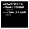 #2021年8月20日 #保有株 の#評価損益額 。#株式投資 の#実現損益額 。