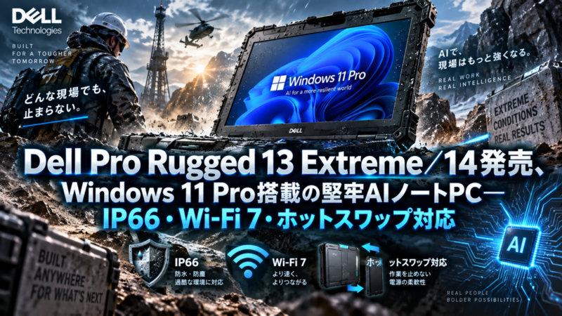 Dell Pro Rugged 13 Extreme／14発売、Windows 11 Pro搭載の堅牢AIノートPC―IP66・Wi-Fi 7・ホットスワップ対応