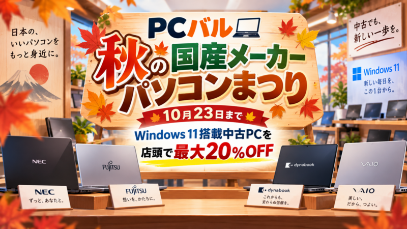 PCバル「秋の国産メーカーパソコンまつり」10月23日まで―Windows 11搭載中古PCを店頭で最大20％OFF