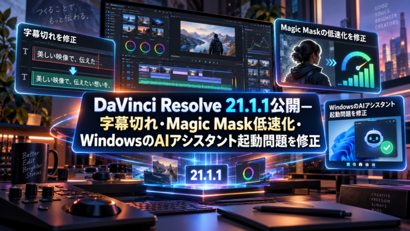 DaVinci Resolve 21.1.1公開―字幕切れ・Magic Mask低速化・WindowsのAIアシスタント起動問題を修正